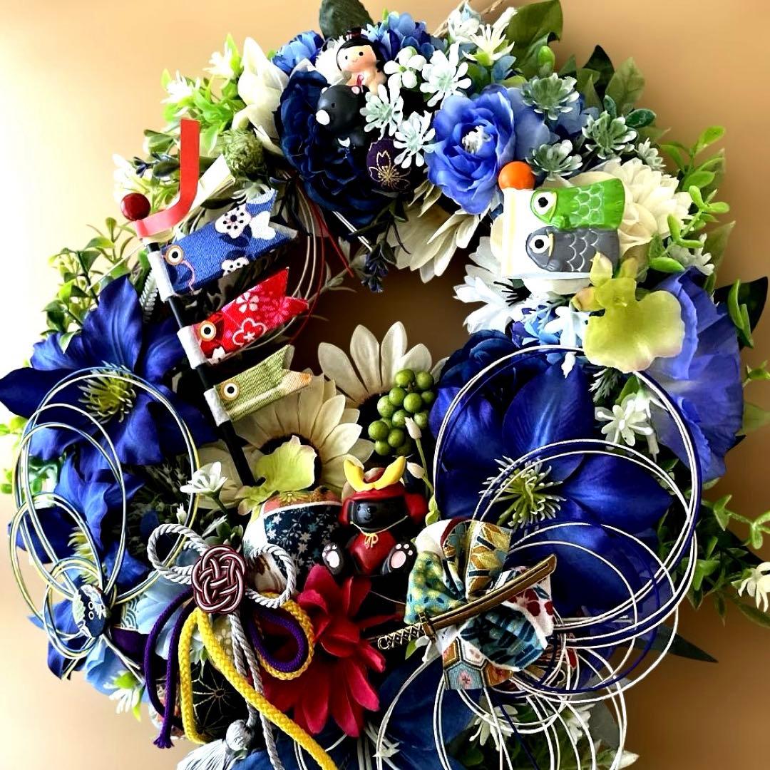 青系花と魚のモチーフのリース❣️himeno❣️
