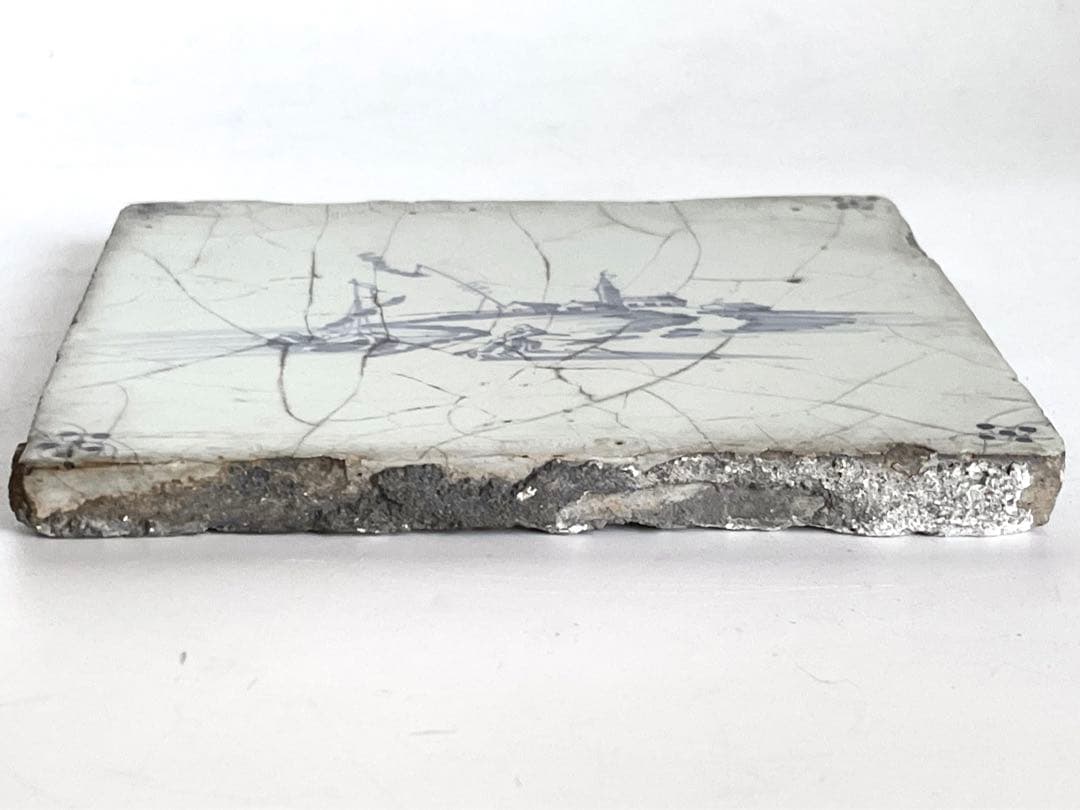 骨董　アンティーク　デルフトタイル　染付　人物文　港　船　17世紀　オランダ