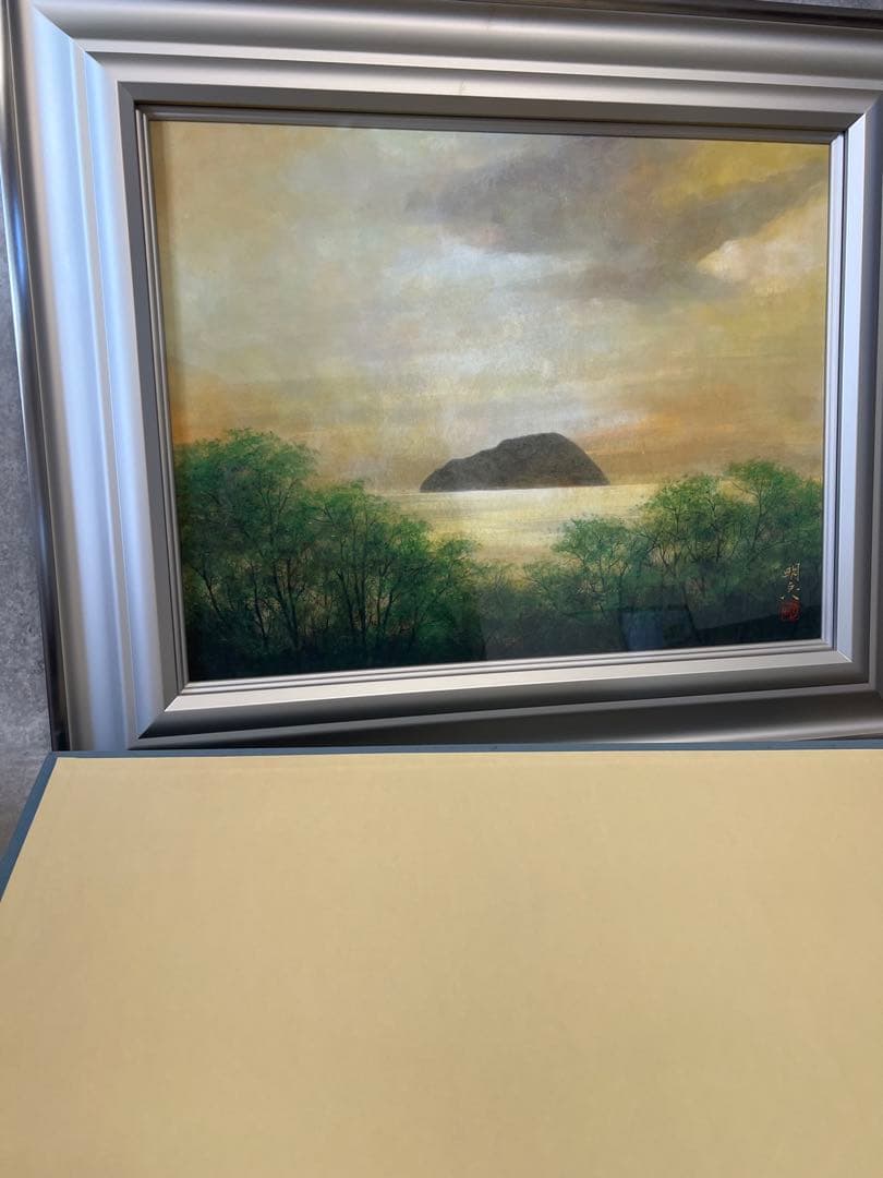 曲子明良 絵画 日本画 「湖北」 風景画 在銘 箱付 希少品