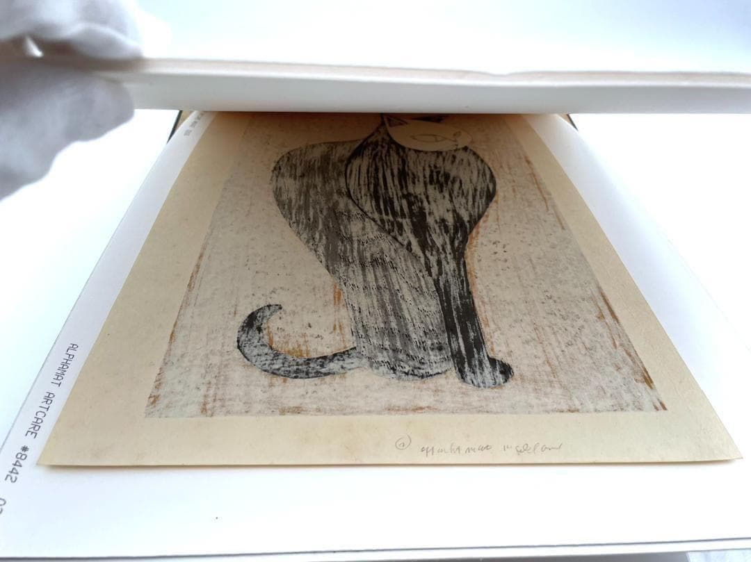 斎藤清 「凝視」 直筆サイン・落款印あり 真作保証 1960年 木版画 猫 ネコ