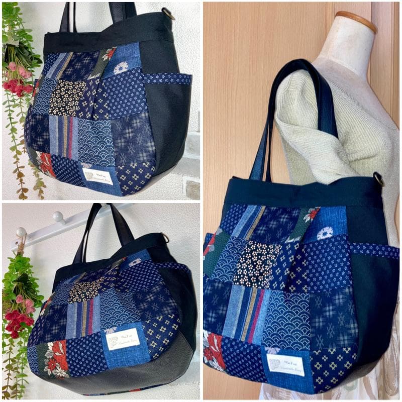 新作！丸型トート☆4WAY☆ショルダー紐付き☆和柄パッチワーク☆帆布