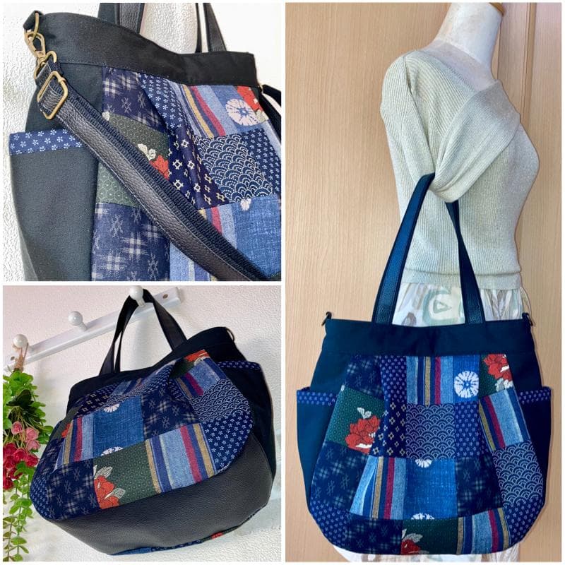 新作！丸型トート☆4WAY☆ショルダー紐付き☆和柄パッチワーク☆帆布