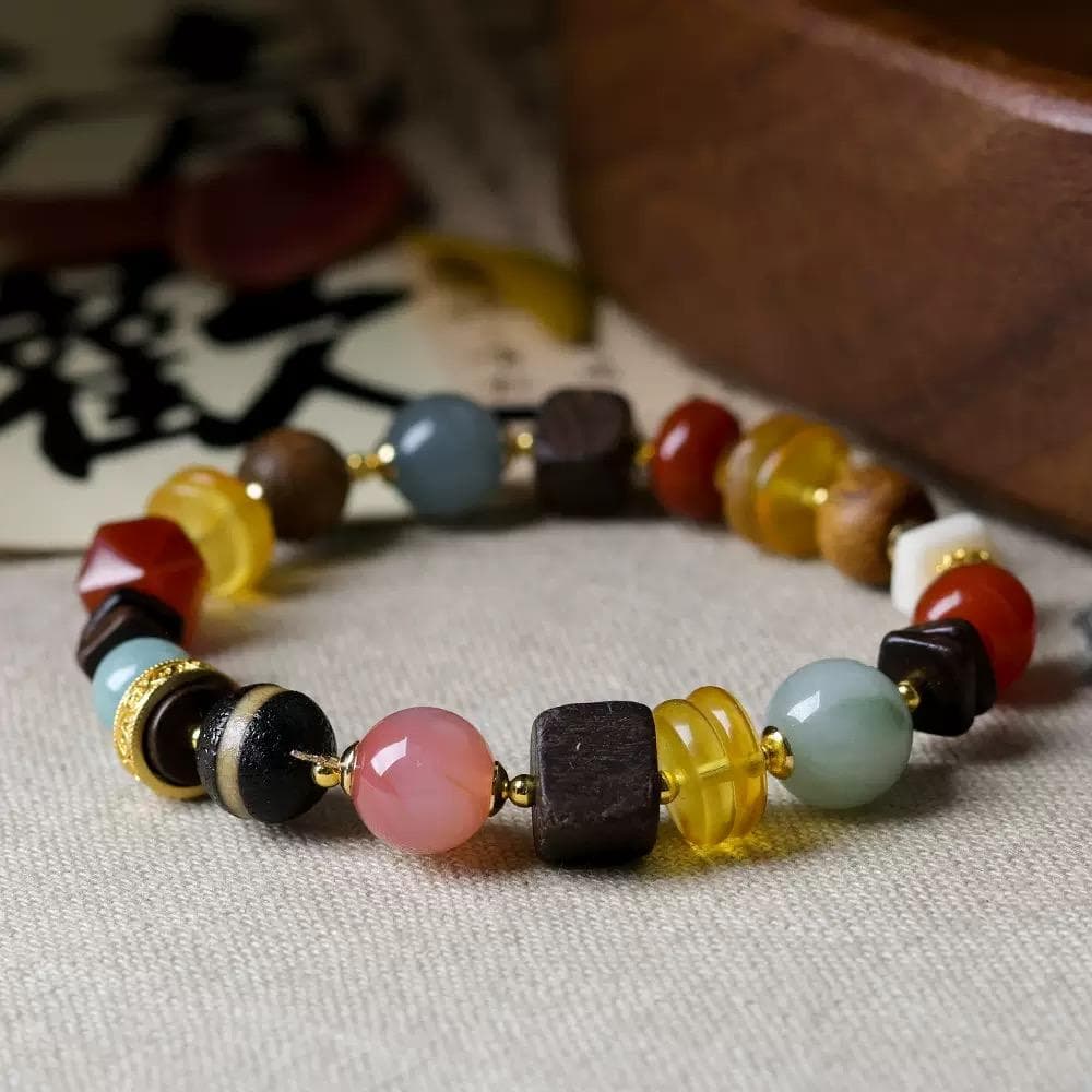 カラフルビーズブレスレット蜜蝋琥珀多宝沉香天然老瑪瑙