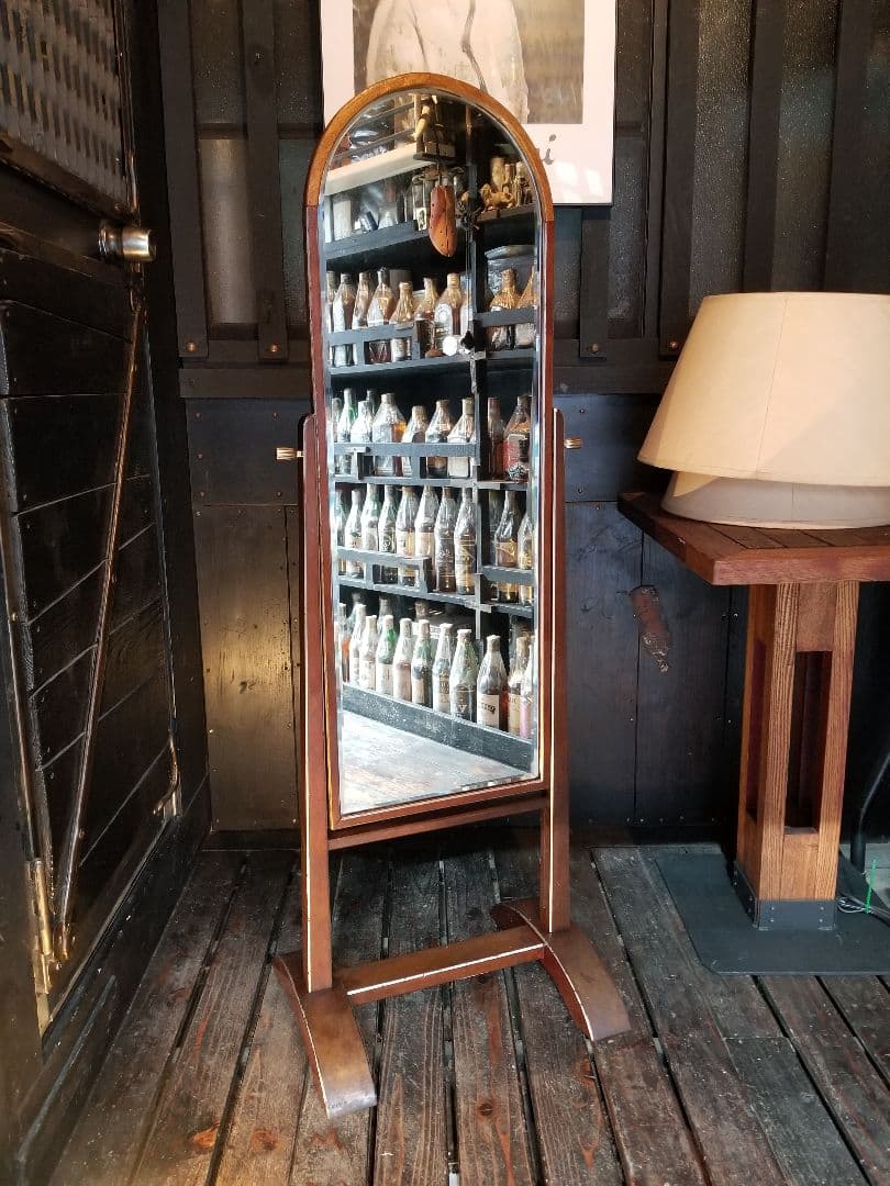 大正　年代物　浪漫　モダン　真鍮　金具　アーチ型　楔　組木　細工　スタンドミラー