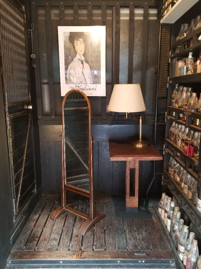 大正　年代物　浪漫　モダン　真鍮　金具　アーチ型　楔　組木　細工　スタンドミラー