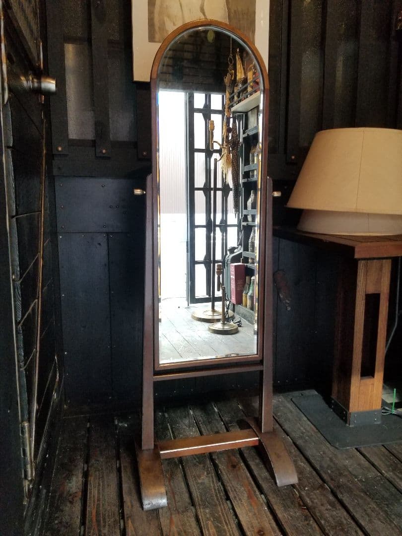 大正　年代物　浪漫　モダン　真鍮　金具　アーチ型　楔　組木　細工　スタンドミラー