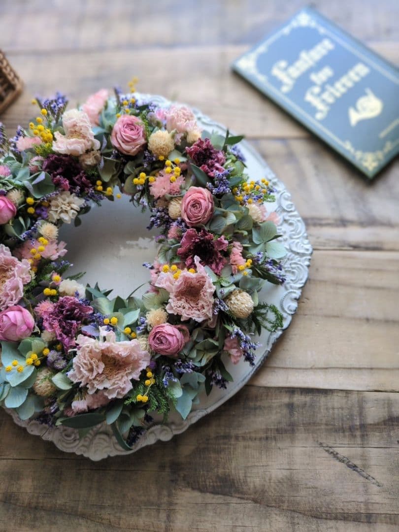 ラナンキュラス&ローズのドライフラワーリース 春色リース　春待ちリース