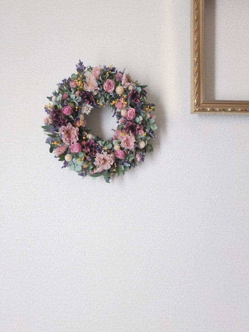 ラナンキュラス&ローズのドライフラワーリース 春色リース　春待ちリース