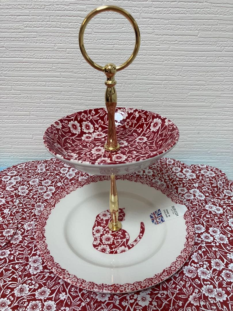バーレイ　burleigh ティットビット　2段ケーキスタンド　レッドキャリコ