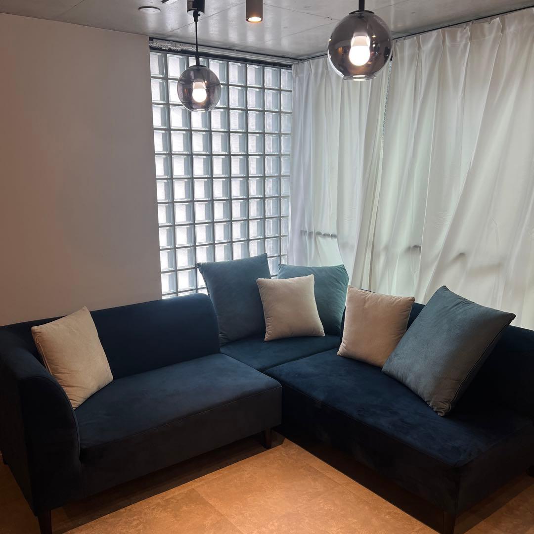 ✨送料無料✨カウチソファ3点セット　ベロア調　ダークブルー　✨保証書付✨　③