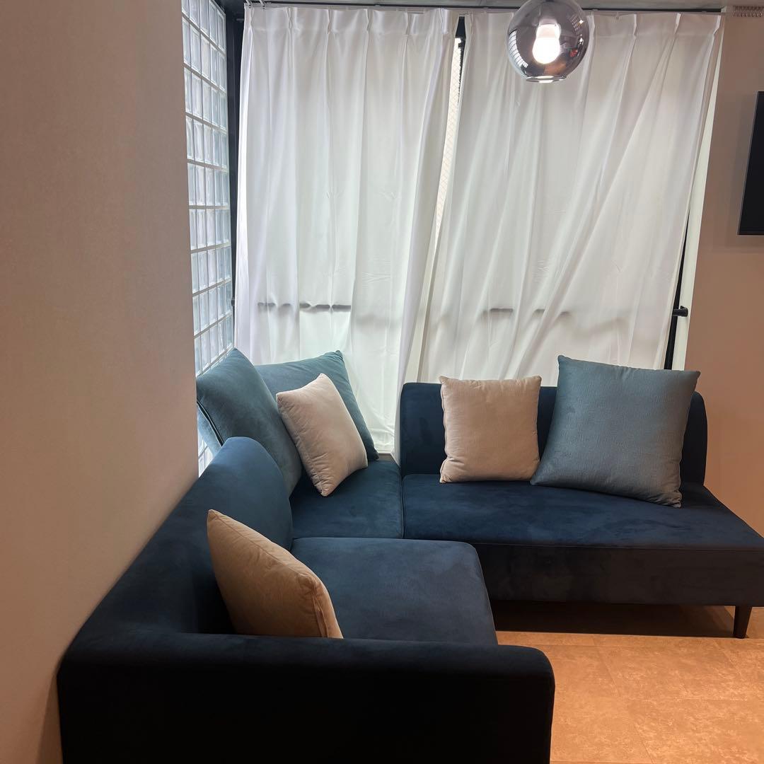 ✨送料無料✨カウチソファ3点セット　ベロア調　ダークブルー　✨保証書付✨　③