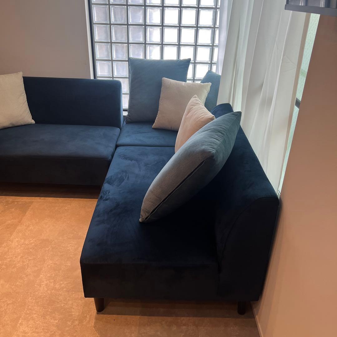 ✨送料無料✨カウチソファ3点セット　ベロア調　ダークブルー　✨保証書付✨　③