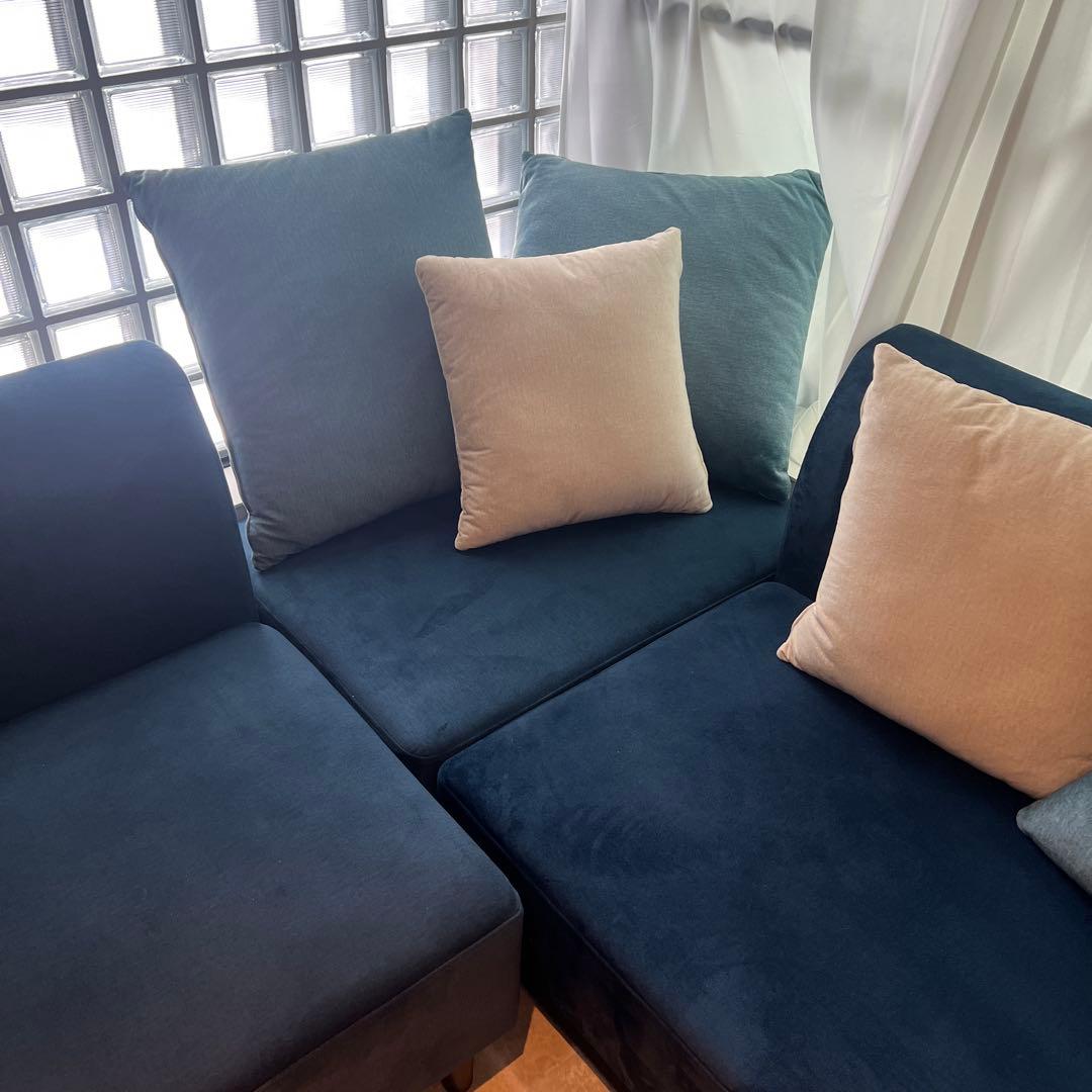 ✨送料無料✨カウチソファ3点セット　ベロア調　ダークブルー　✨保証書付✨　③