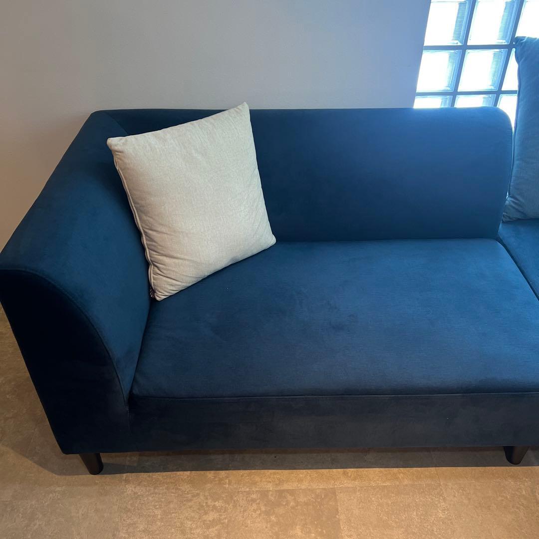 ✨送料無料✨カウチソファ3点セット　ベロア調　ダークブルー　✨保証書付✨　③
