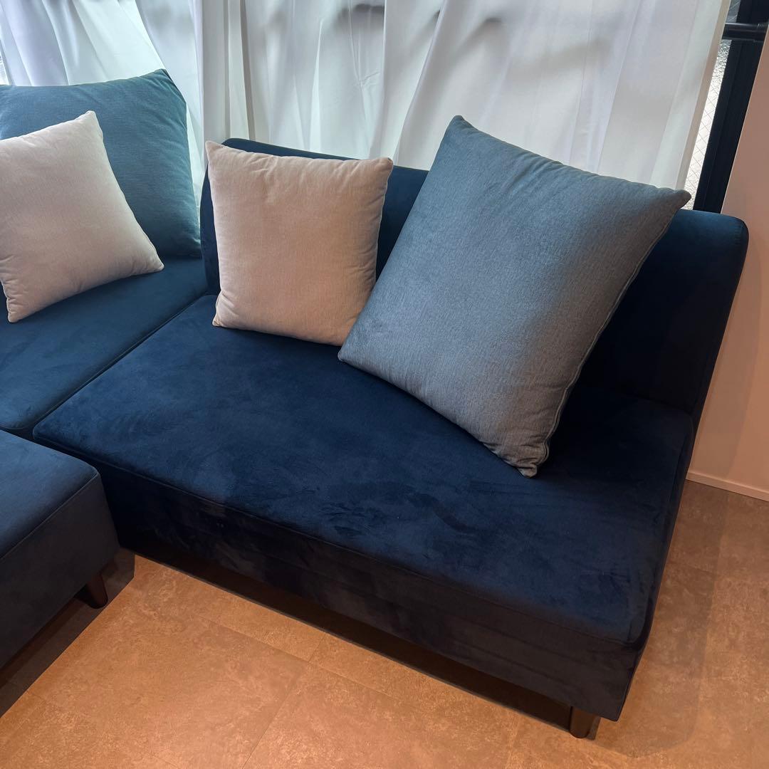 ✨送料無料✨カウチソファ3点セット　ベロア調　ダークブルー　✨保証書付✨　③