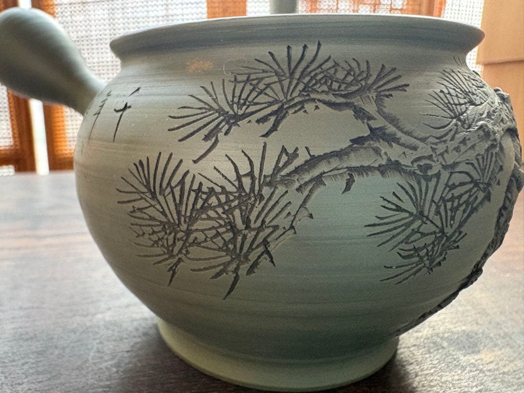 【極美品】常滑焼 緑泥 浮彫松図 急須「千年翠」細密彫刻 セラメッシュ 煎茶道具