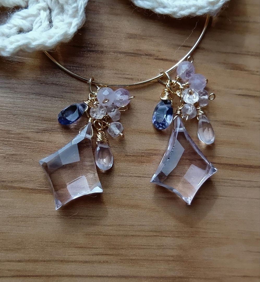 593/14kgfピンクアメジストと宝石質アイオライトのチャーム