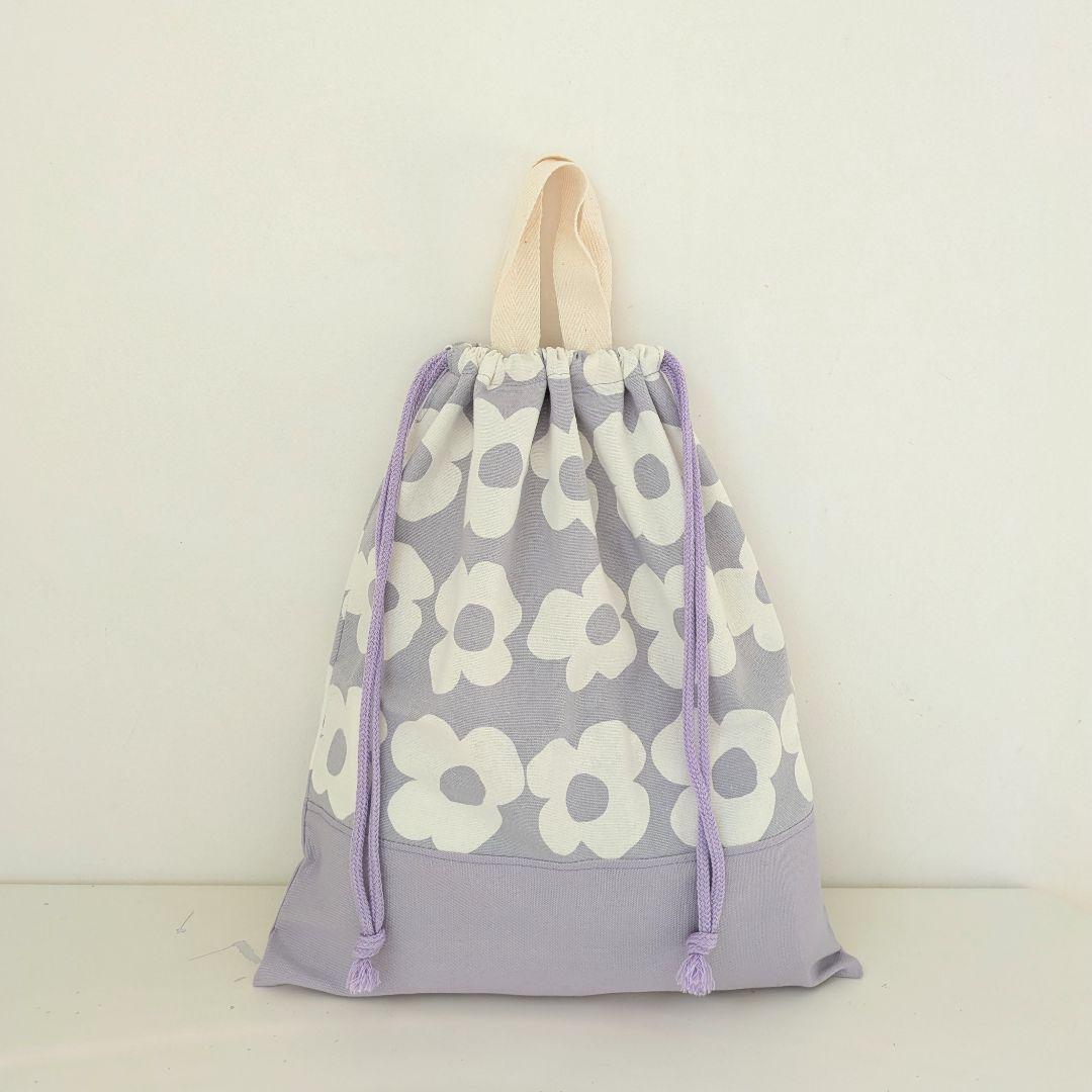 裏地キルティング大きめレッスンバッグ、上履き袋、体操着袋、給食袋　大花×薄紫