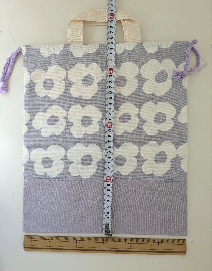 裏地キルティング大きめレッスンバッグ、上履き袋、体操着袋、給食袋　大花×薄紫