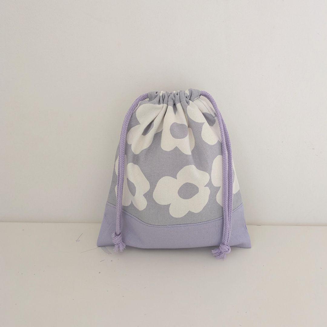 裏地キルティング大きめレッスンバッグ、上履き袋、体操着袋、給食袋　大花×薄紫