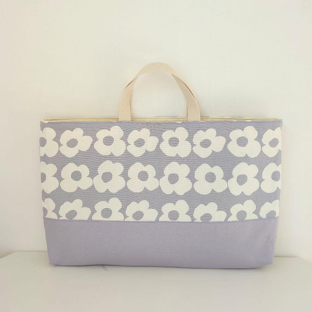 裏地キルティング大きめレッスンバッグ、上履き袋、体操着袋、給食袋　大花×薄紫