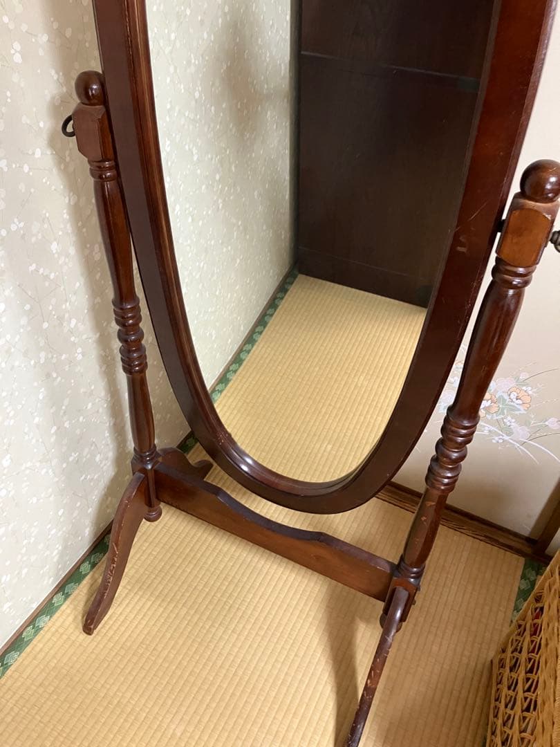 【アンティーク】木製楕円形スタンドミラー 姿見