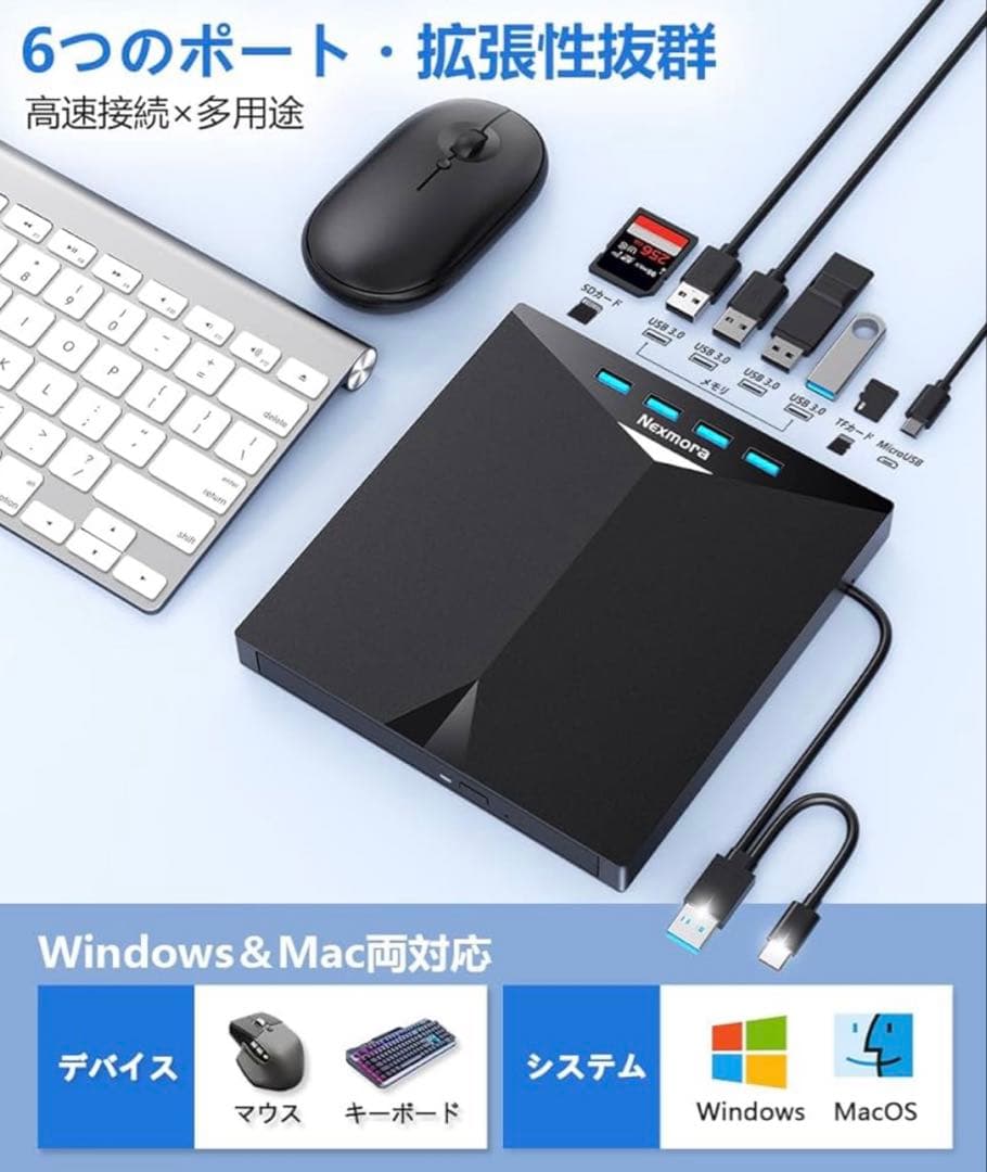 薄型多機能 ブルーレイドライブ 外付け USB3.0＆Type-C対応 薄型軽量