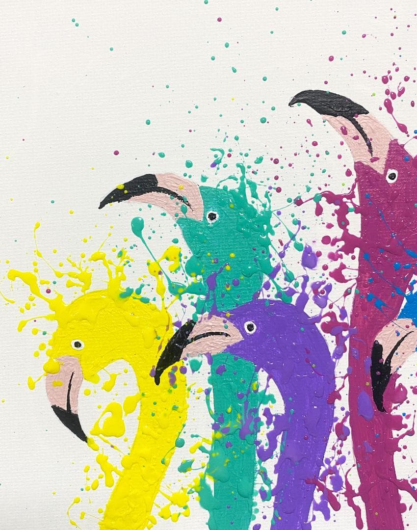 鳥 原画 アクリル画 インテリアアート「フラミンゴ一家」