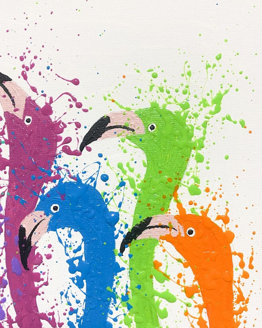 鳥 原画 アクリル画 インテリアアート「フラミンゴ一家」