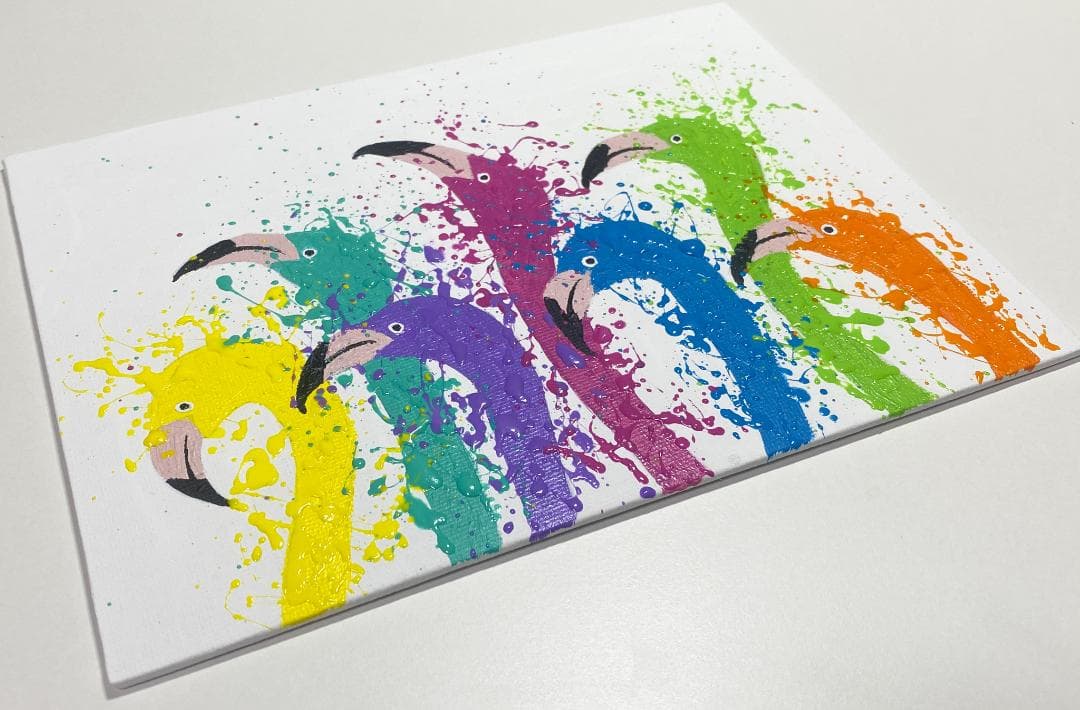 鳥 原画 アクリル画 インテリアアート「フラミンゴ一家」