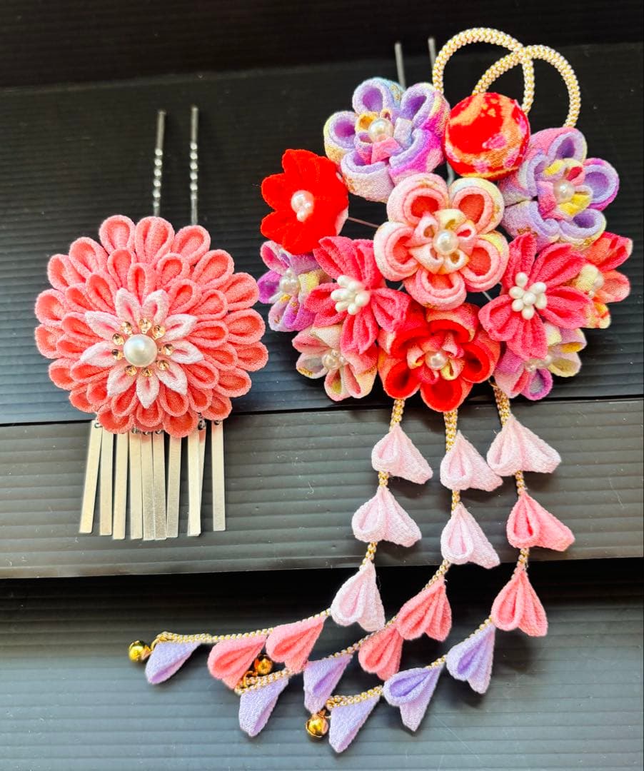 七五三髪飾りセット 7歳 つまみ細工 パステルカラー 桃錦×パールピンク 8-4
