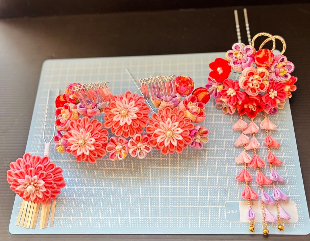 七五三髪飾りセット 7歳 つまみ細工 パステルカラー 桃錦×パールピンク 8-4