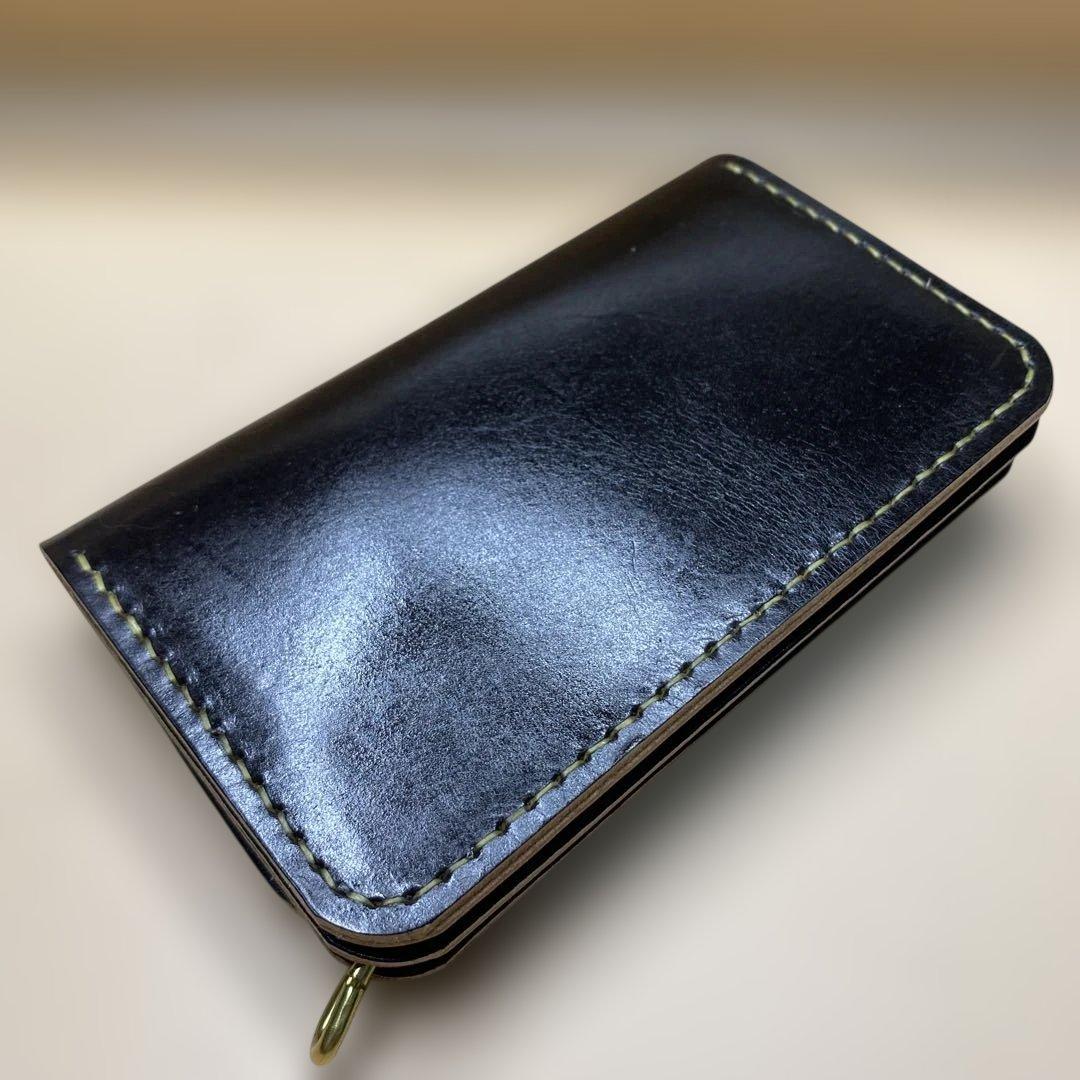 【無骨×上質】3層 丘染めブラック／ミドルトラッカーウォレット 折らずにお札収納