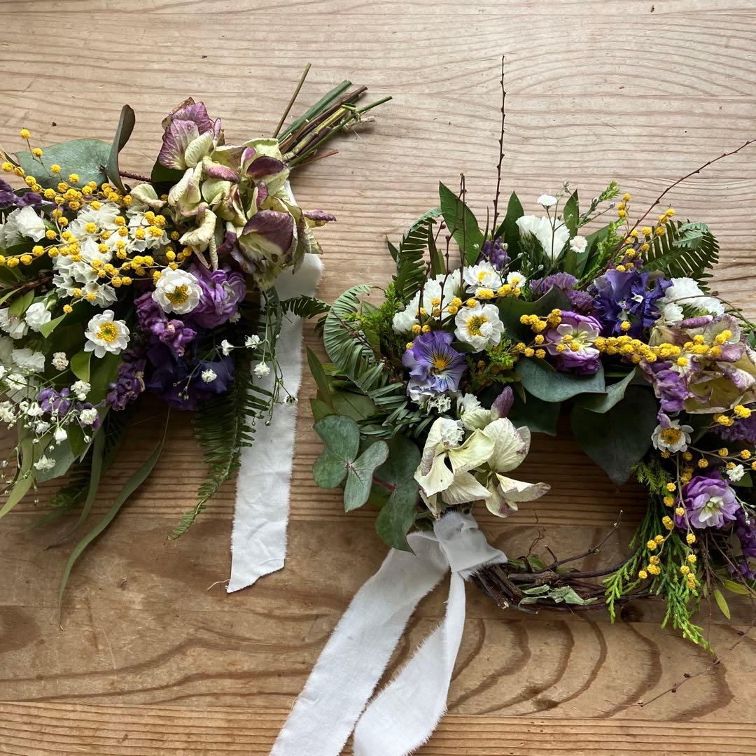 お得なセット　ミモザとアンティーク紫陽花のリース＆スワッグセット　春　ストック