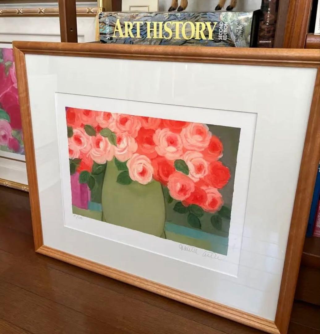 新品額入り　限定版画　ジニー・キム　直筆サイン、ED、証明書あり　薔薇　オレンジ