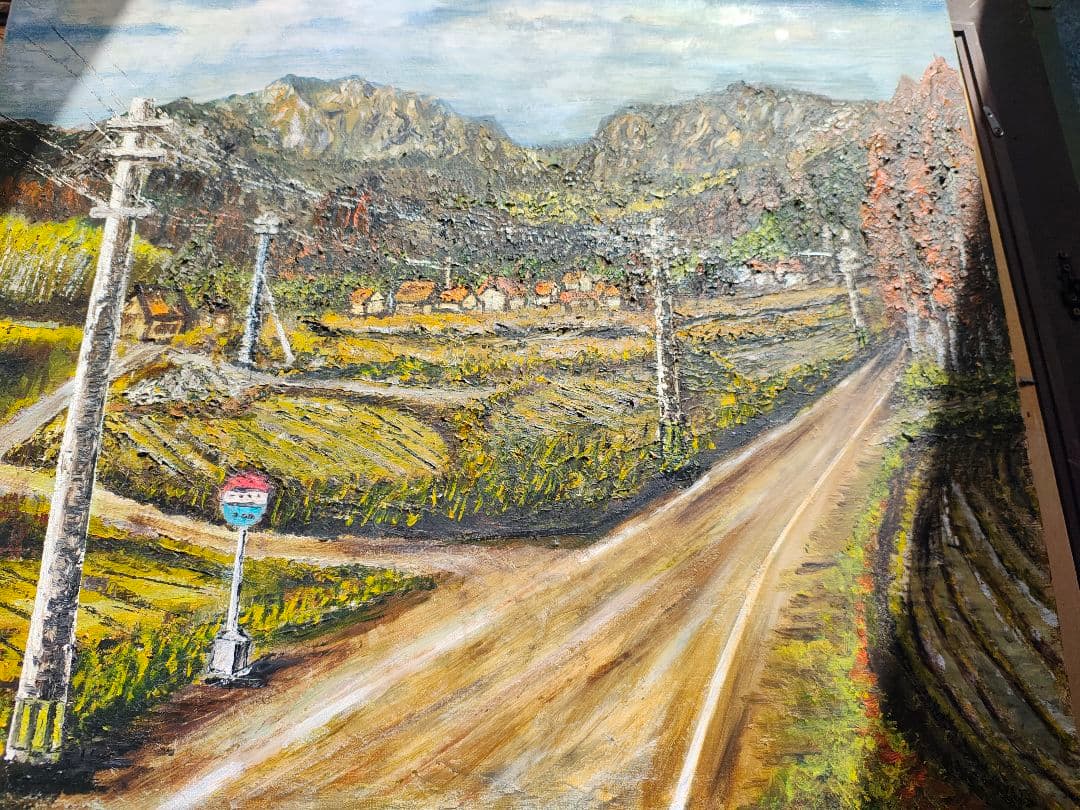 【F12号】大型 油絵 風景画 額縁入り バス停 山道 アンティーク 肉筆