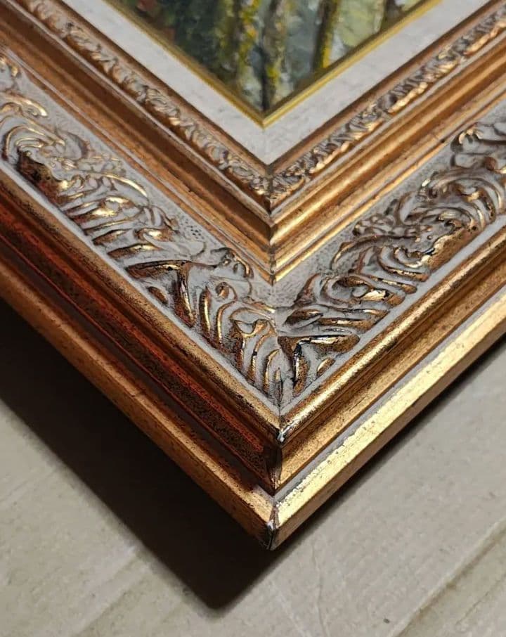 【F12号】大型 油絵 風景画 額縁入り バス停 山道 アンティーク 肉筆