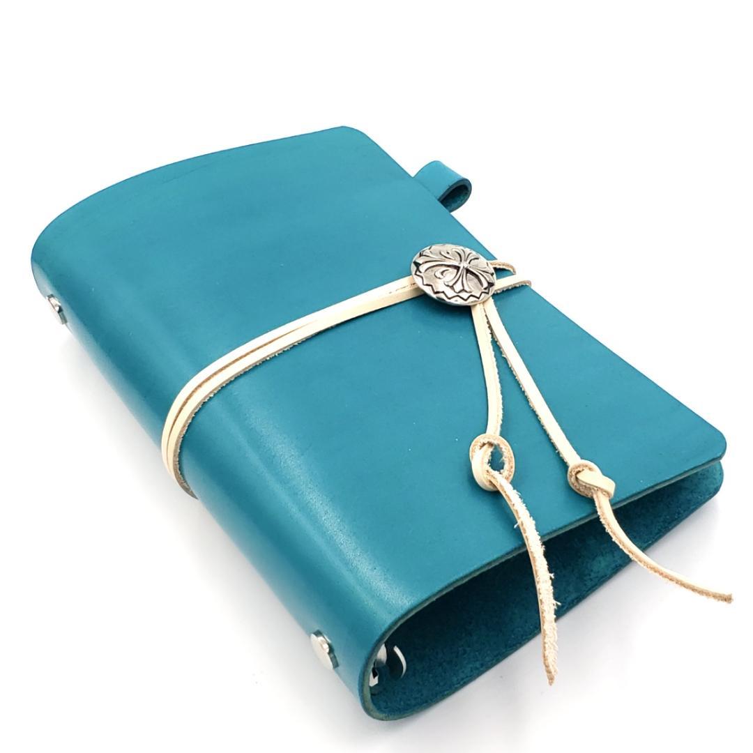 頑張らない システム手帳 バイブルサイズ ヌメ革 手染め ターコイズブルー