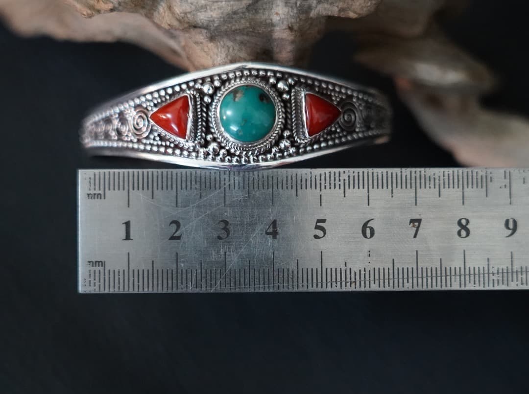 【高級天然】バングル ターコイズ/赤珊瑚 インディアン 925シルバー