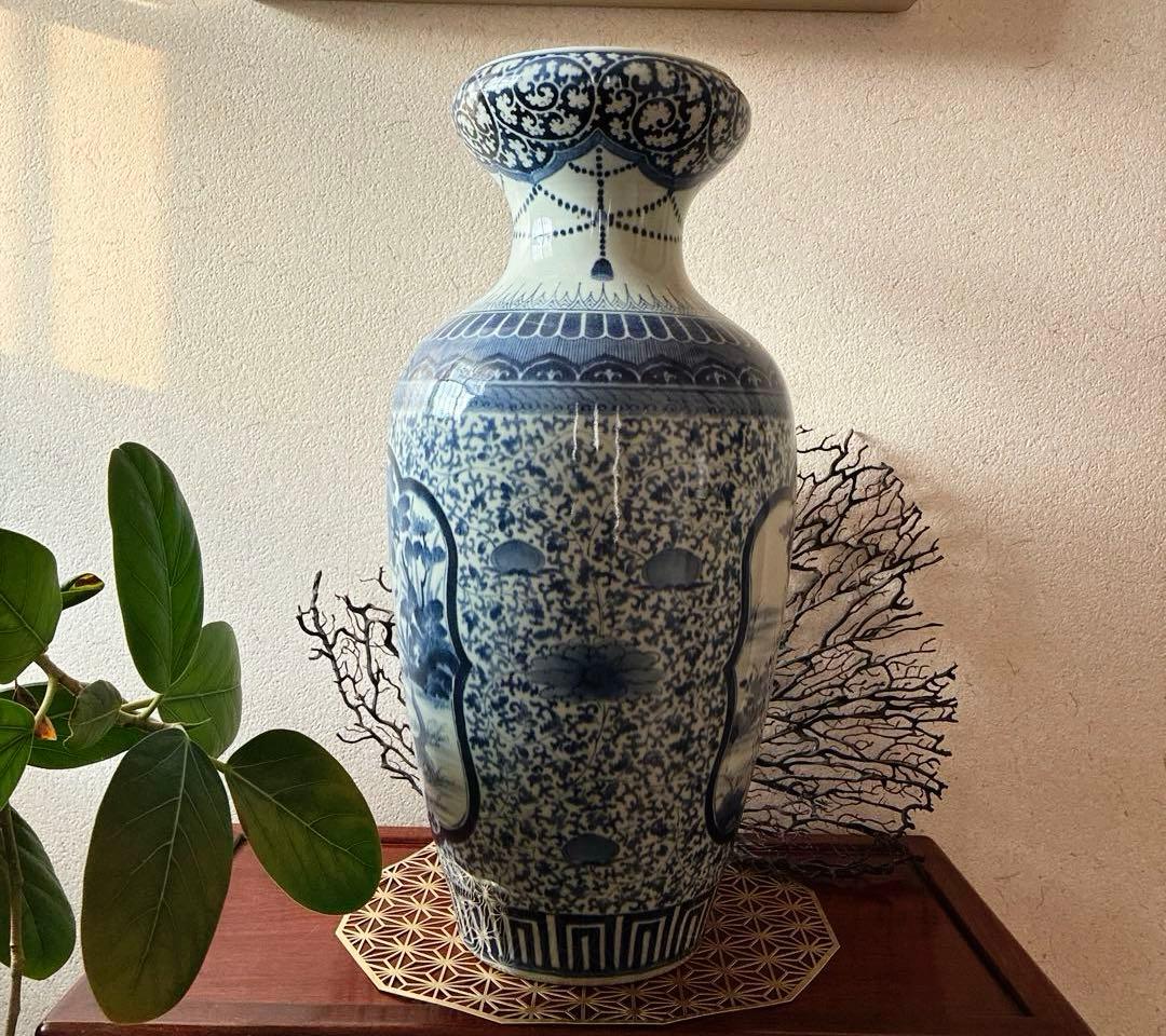 骨董　有田焼　伊万里　希少　蛸唐草　花唐草　楼閣　３匹の猫の戯れ　花器　花入　壺