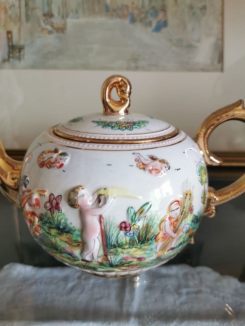 アンティークイタリア カポディモンティ 子供と天使と鳥 収穫 ラージティーポット