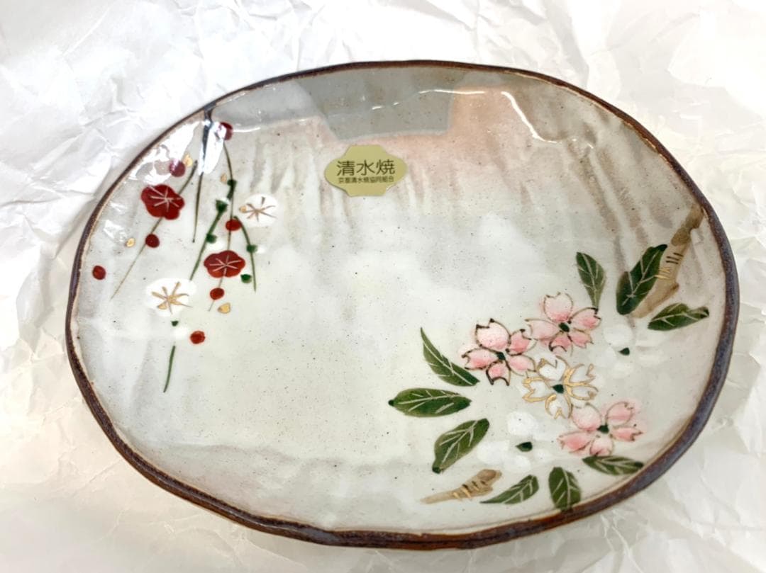 Df616 清水焼 四季草花 お皿 5枚 小判皿揃 小皿 花柄 和柄 食器