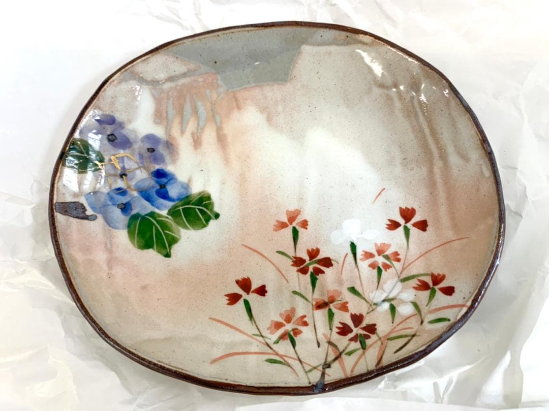 Df616 清水焼 四季草花 お皿 5枚 小判皿揃 小皿 花柄 和柄 食器