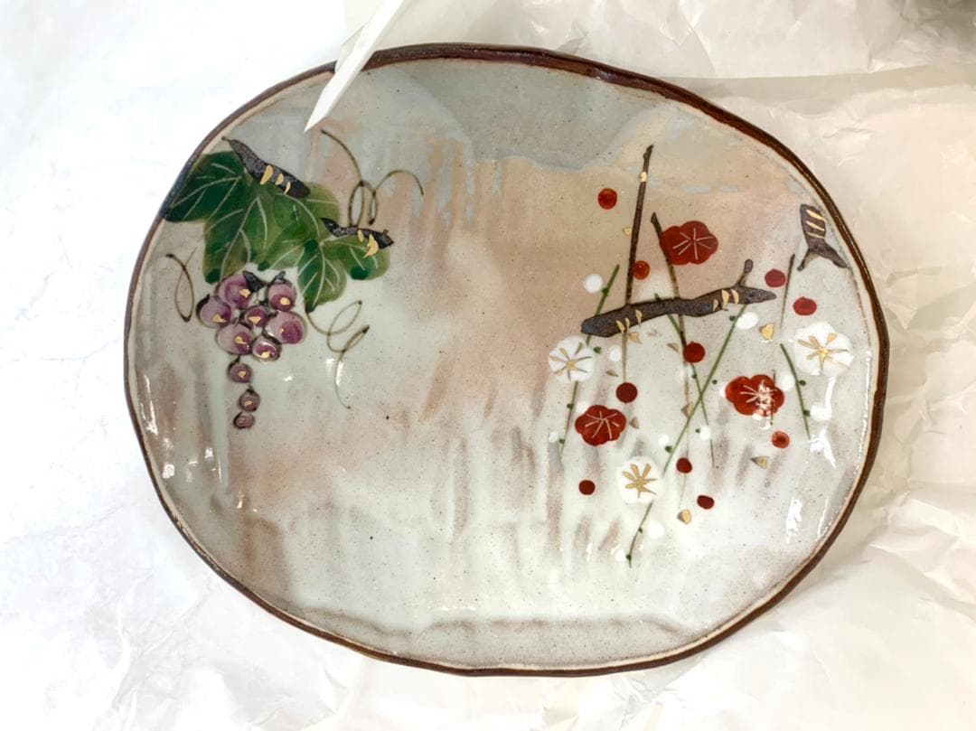 Df616 清水焼 四季草花 お皿 5枚 小判皿揃 小皿 花柄 和柄 食器