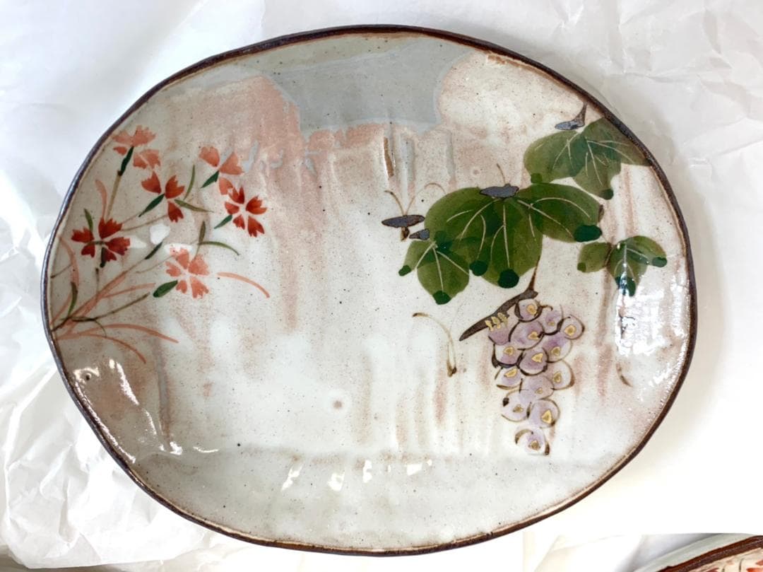 Df616 清水焼 四季草花 お皿 5枚 小判皿揃 小皿 花柄 和柄 食器