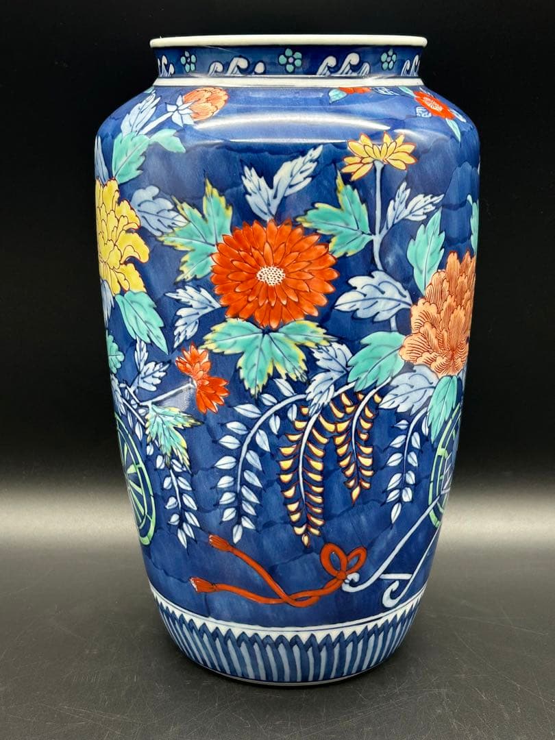 有田焼　花舟作　色鍋島　昭和ビンテージ　牡丹　御所車　花瓶　花器　花生　豪華