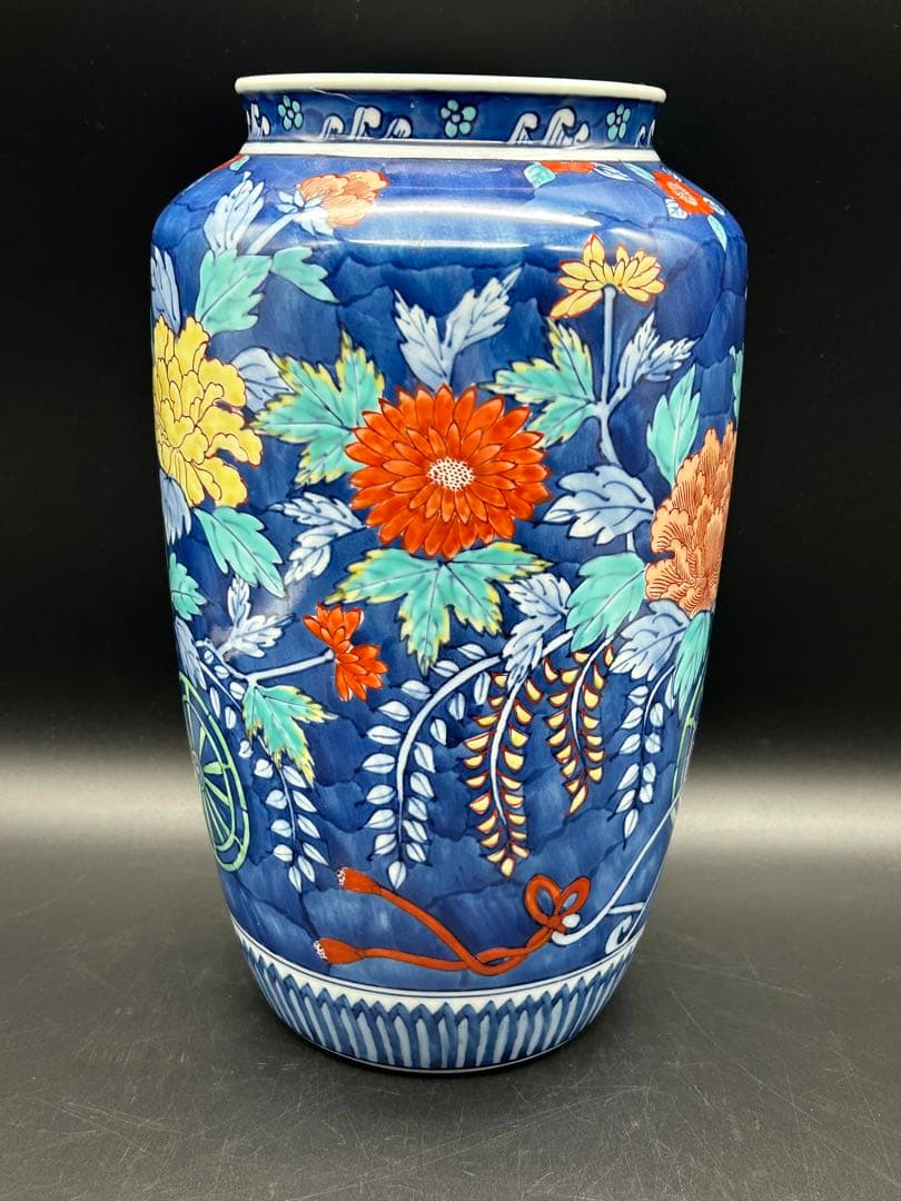 有田焼　花舟作　色鍋島　昭和ビンテージ　牡丹　御所車　花瓶　花器　花生　豪華