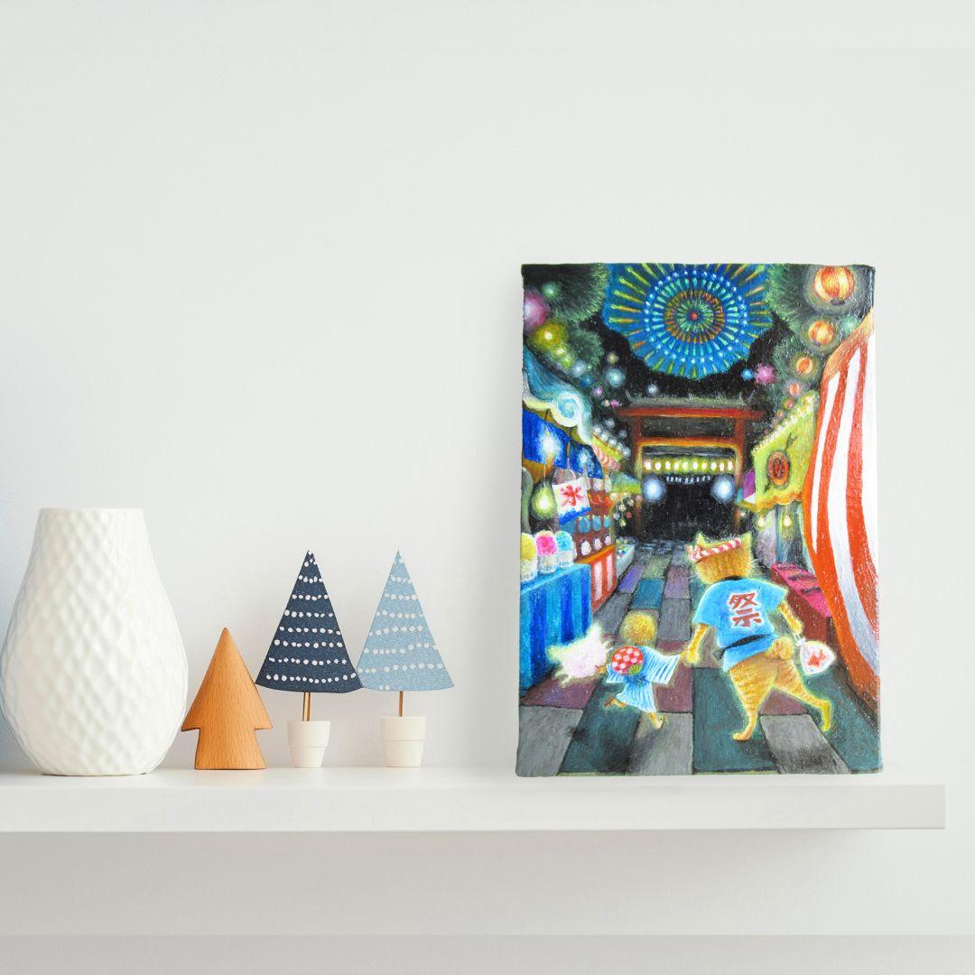 ［匿名で配送］一点もの 猫 茶トラ 祭 油絵 油彩 絵