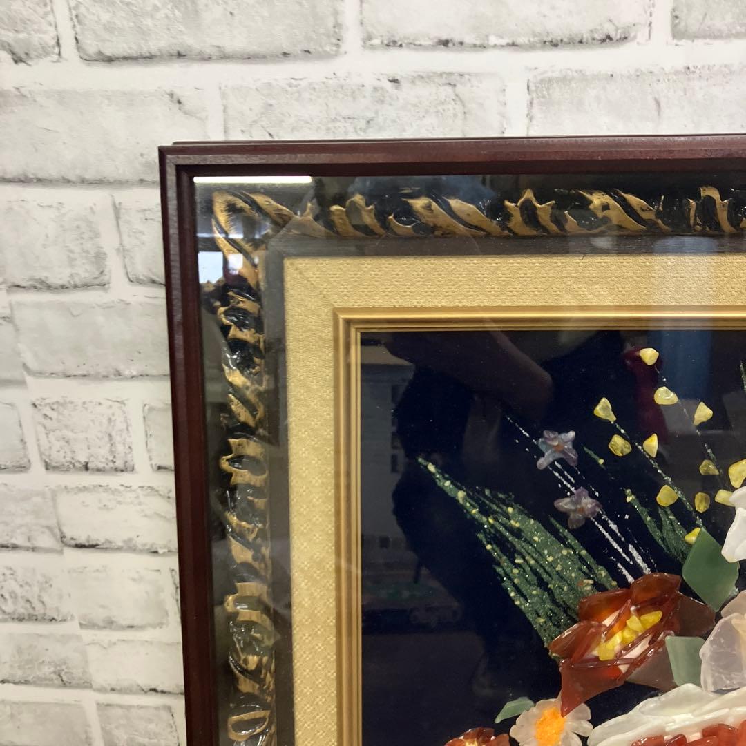 【極美品】天然石 宝石画 ストーンアート 花瓶の花 額装 立体 縁起物 華やか