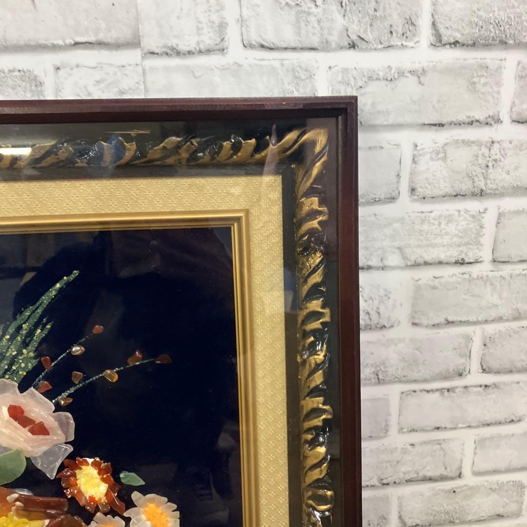 【極美品】天然石 宝石画 ストーンアート 花瓶の花 額装 立体 縁起物 華やか